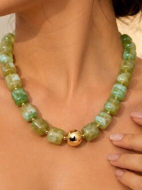 Green Marbled Beaded Statement Necklace with Gold Accent